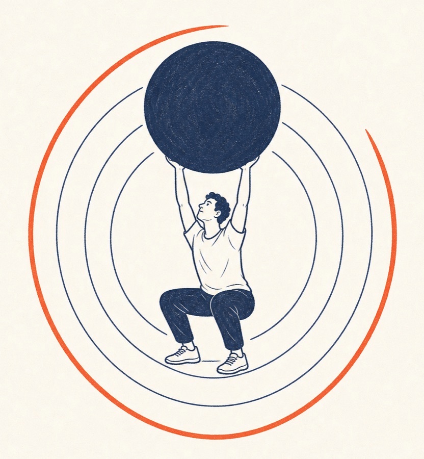 Illustration: a person squatting while lifting a heavy ball overhead, surrounded by concentric rings
